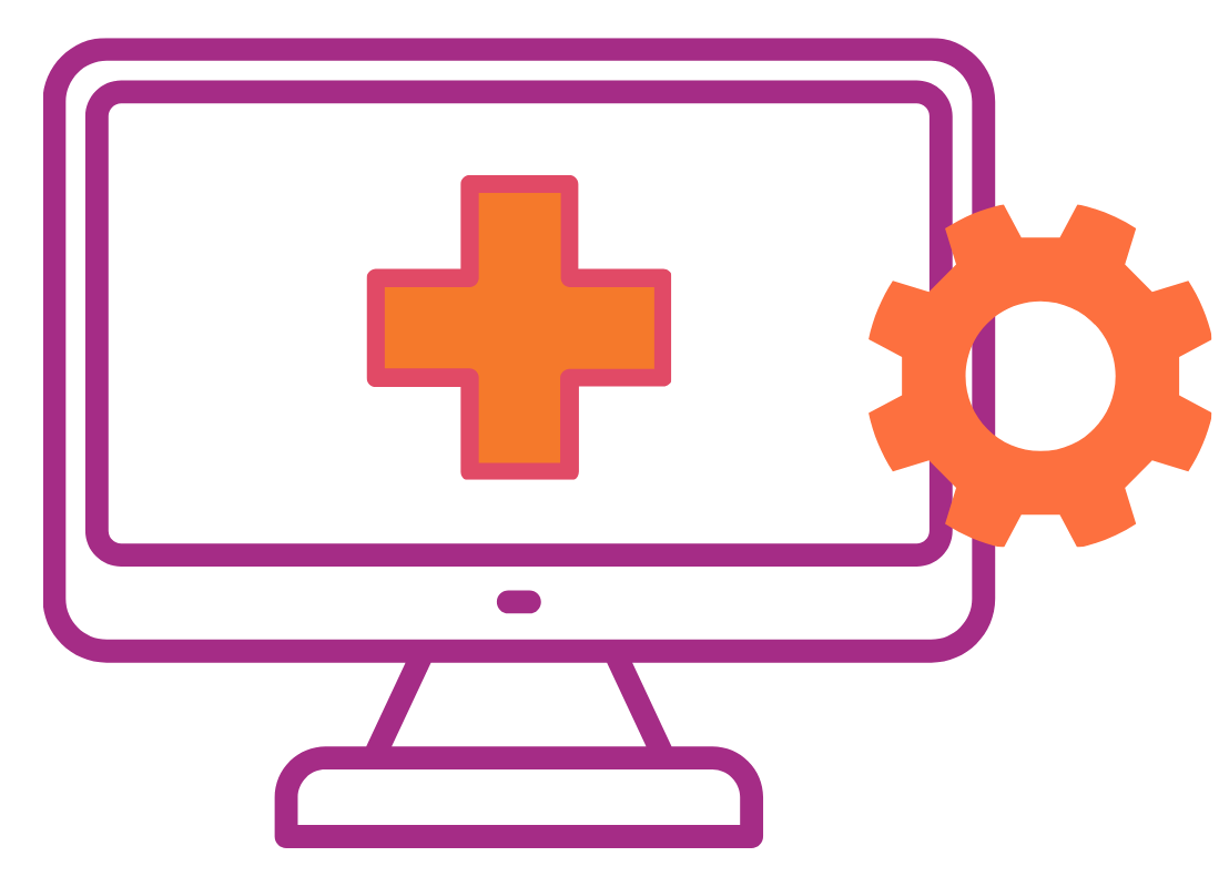 Computer image with a cross on the screen and a cog on the right